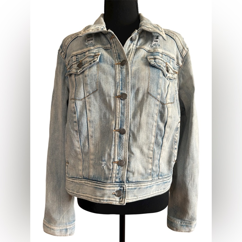 INC Light Wash Distressed Denim Jacket Y2K Grunge Cropped Women's Size XL